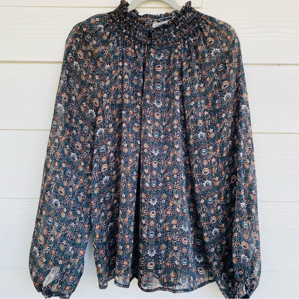 Ces Femme Floral Sheer Smocked Neck Oversized Top Small - Picture 3 of 11